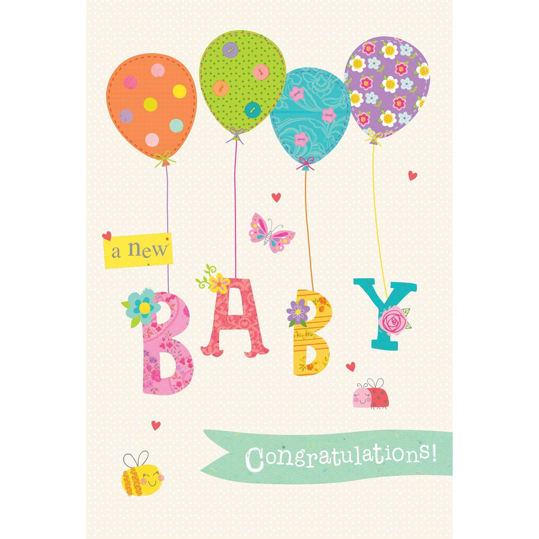 Colorful buttons and balloons on Pictura Buttons And Balloons Baby Card, featuring playful, festive designs for celebrating a new arrival.